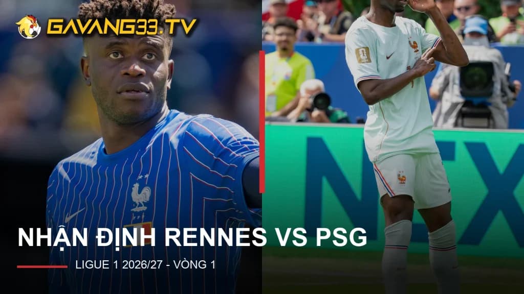 Brice Samba và Ousmane Dembélé, hai cầu thủ của Rennes và PSG, trên ảnh thật có logo GavangTV