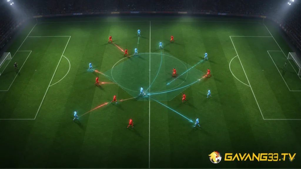 Sơ đồ minh họa các hướng pressing và thoát pressing ở trận Arsenal gặp Manchester City