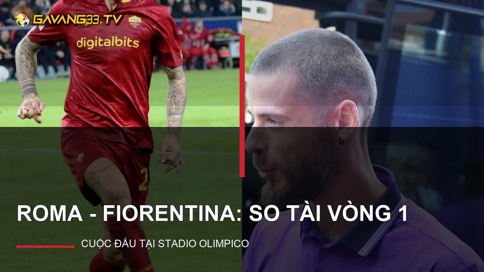 Ảnh thật cầu thủ Roma và Fiorentina minh họa trận đấu, có logo website